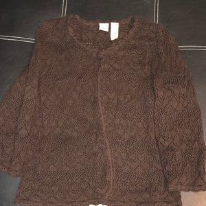 Chocolate brown fly away lightweight crochet style sweater.